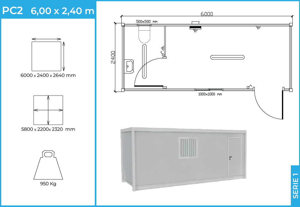 Módulo PC2 Serie 1 — caseta habitable 6 m con aseo