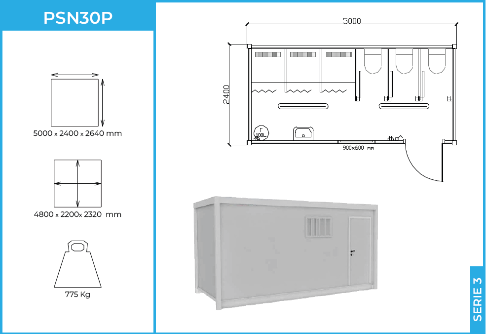 Módulo PSN30P Serie 3 — aseo modular 3 duchas