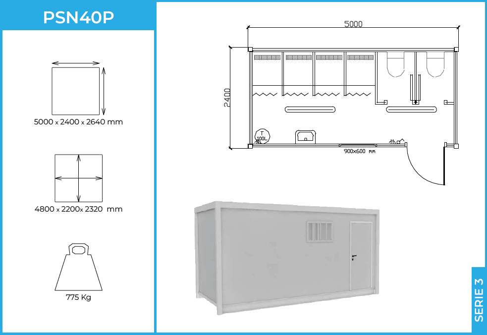 Módulo PSN40P Serie 3 — aseo modular 4 duchas